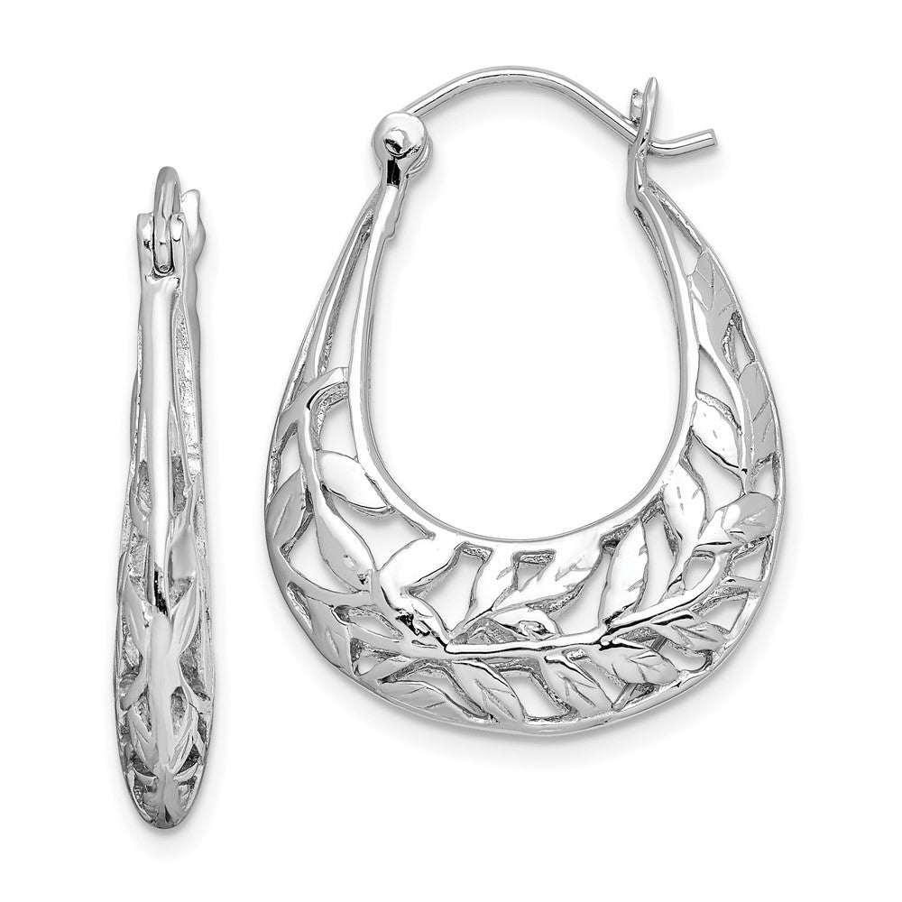 QE11647 Sterling Silver Rhodium-plated Polished Leaves Oval Hoop Earrings