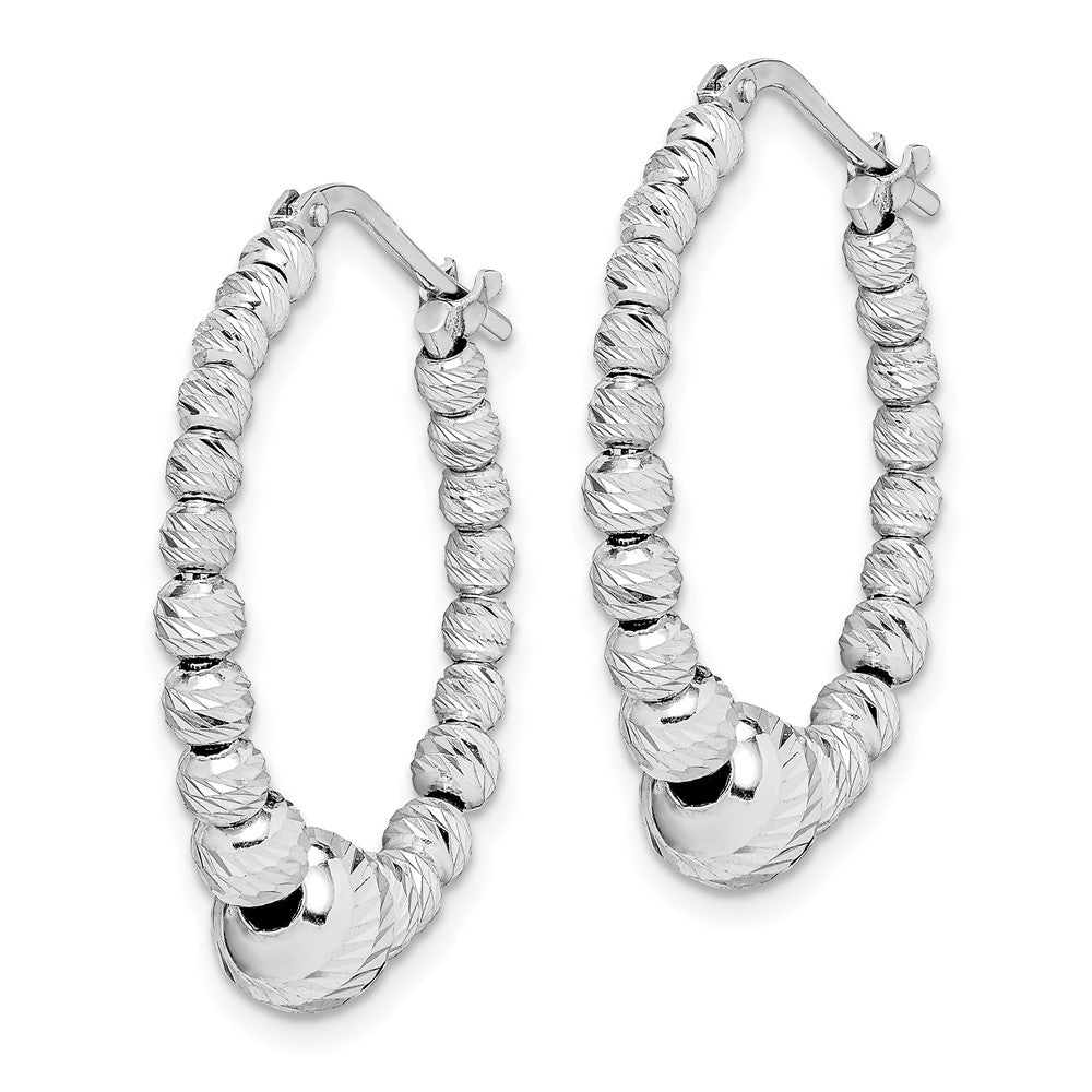 QE11652 Sterling Silver Rhodium-plated Diamond-cut Beaded Hoop Earrings