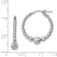 QE11652 Sterling Silver Rhodium-plated Diamond-cut Beaded Hoop Earrings