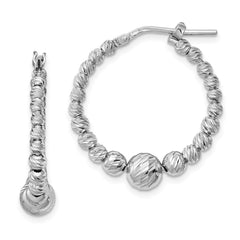 QE11652 Sterling Silver Rhodium-plated Diamond-cut Beaded Hoop Earrings