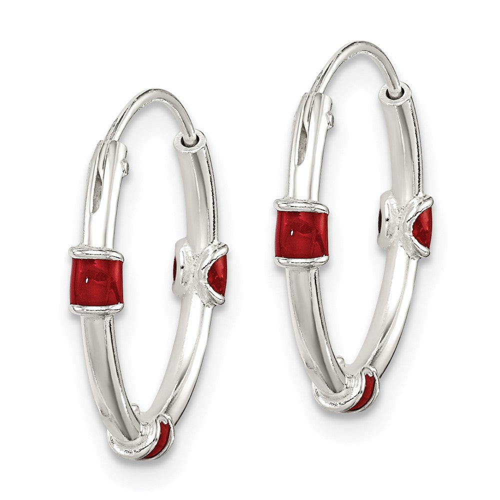 QE11706 Sterling Silver Polished Red Enamel Endless Hoop Earrings