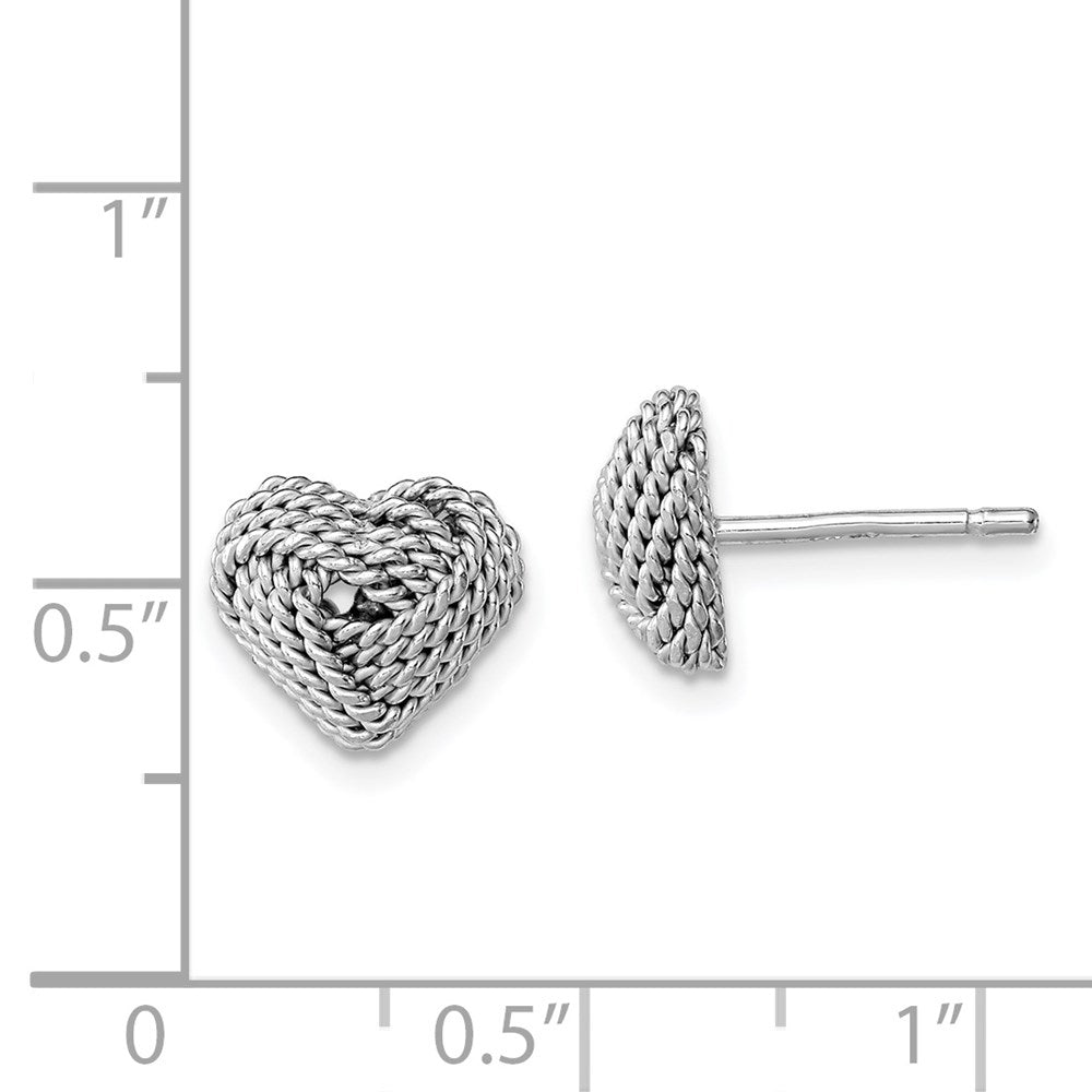QE11780 Sterling Silver Rhodium-plated Small Twisted Love Knot Heart Post Earrings