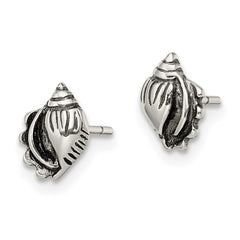 QE11804 Sterling Silver Polished and Antiqued Sea Shell Post Earrings