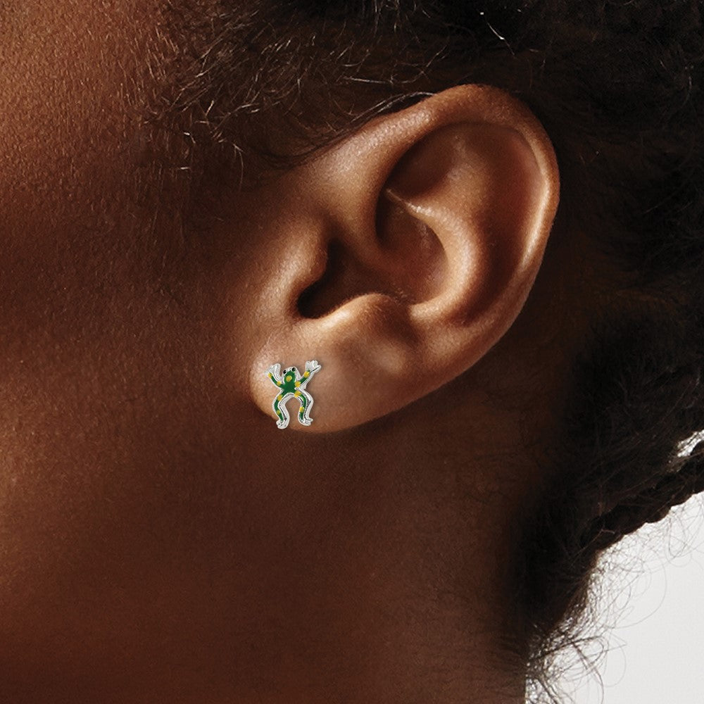 QE11813 Sterling Silver Polished Enamel Frog Post Earrings