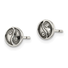 QE11821 Sterling Silver Polished and Antiqued Yin Yang Sign Post Earrings