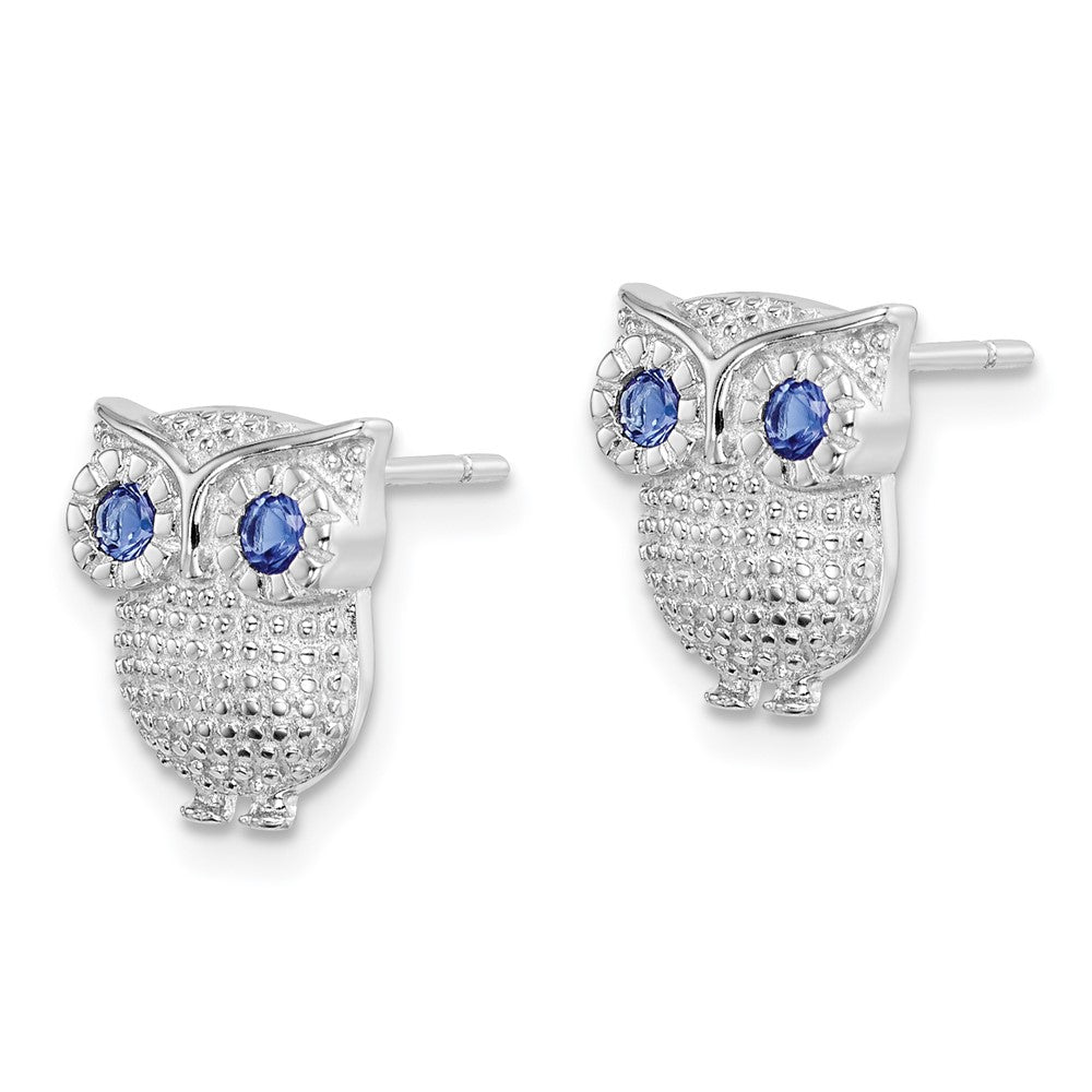 QE11832 Sterling Silver RH-plated Blue Glass Owl Post Earrings