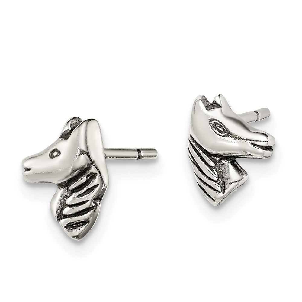 QE11835 Sterling Silver Polished and Antiqued Horse Post Earrings