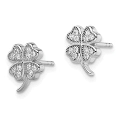 QE11843 Sterling Silver Rhodium-plated Polished CZ 4 Leaf Clover Post Earrings