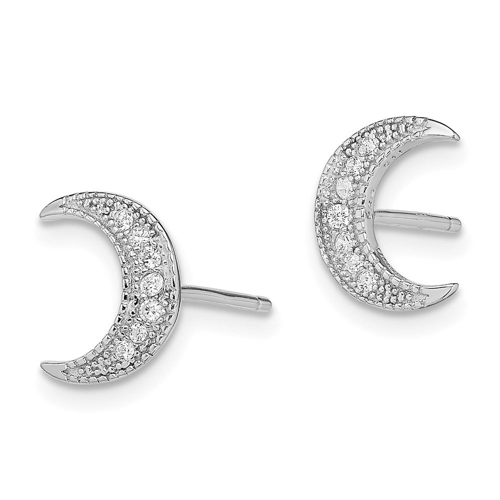 QE11849 Sterling Silver Rhodium-plated CZ Crescent Moon Post Earrings