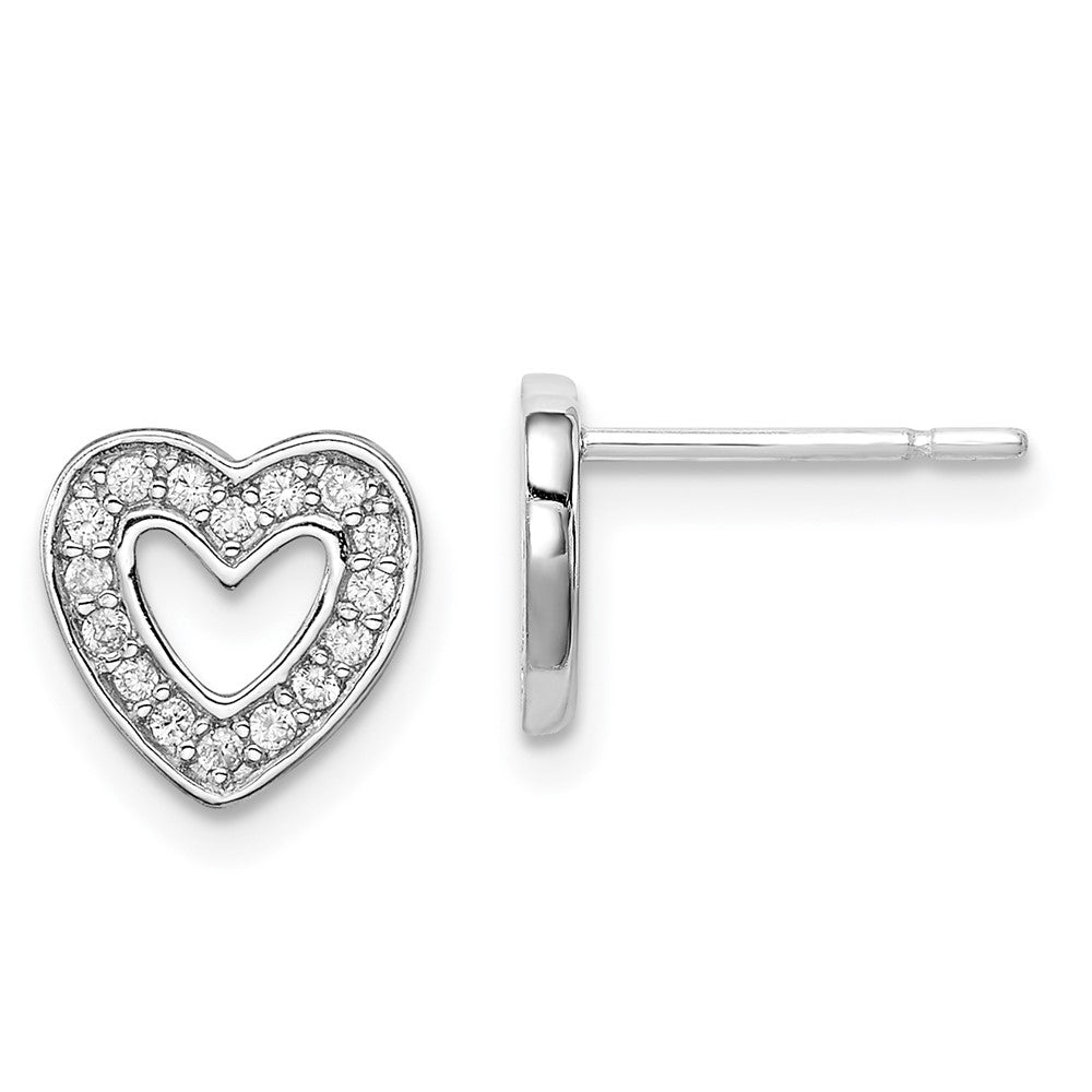 QE11884 Sterling Silver Rhodium-plated CZ Heart Post Earrings
