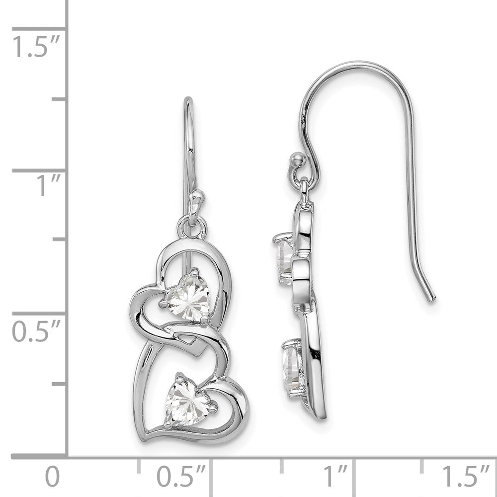 QE11904 Sterling Silver RH-plated CZ Heart Dangle Shepherd Hook Earrings