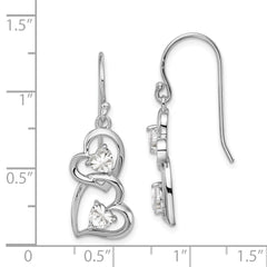 QE11904 Sterling Silver RH-plated CZ Heart Dangle Shepherd Hook Earrings