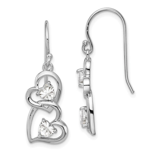QE11904 Sterling Silver RH-plated CZ Heart Dangle Shepherd Hook Earrings