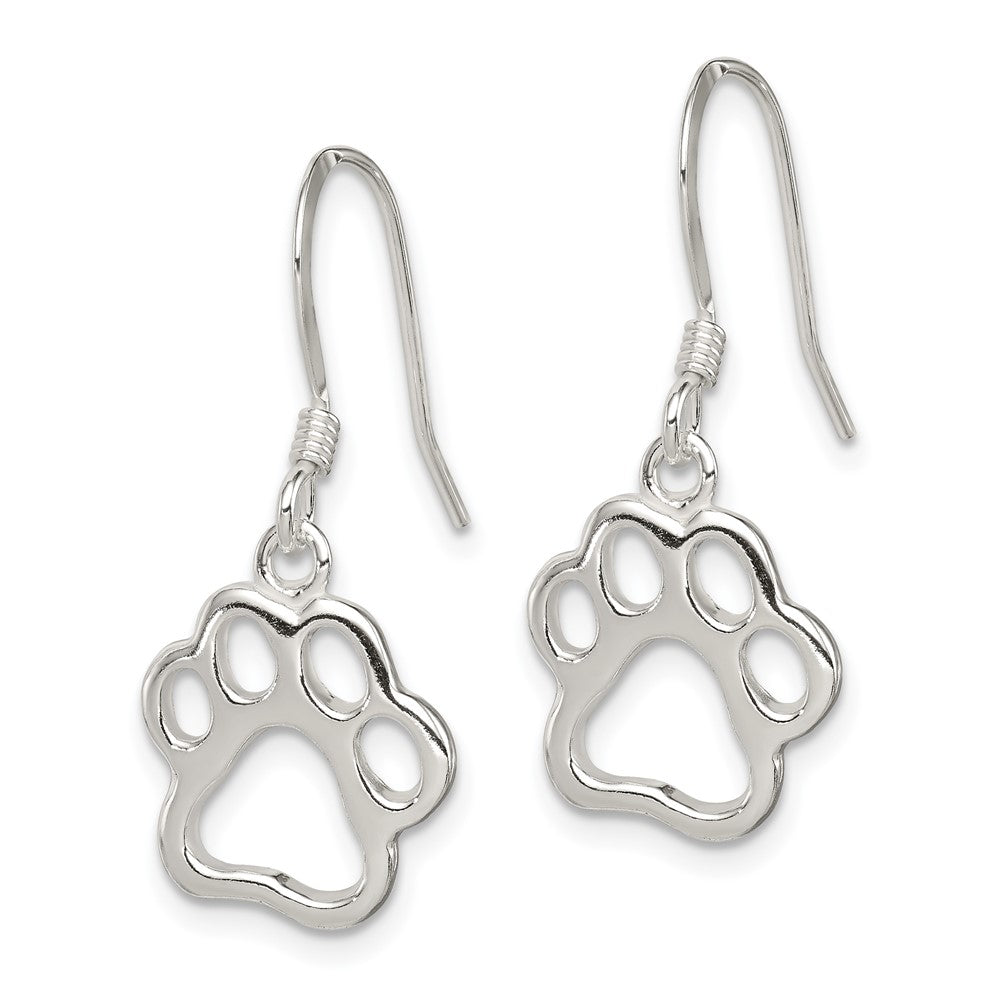 QE11945 Sterling Silver Polished Paw Print Shepherd Hook Earrings