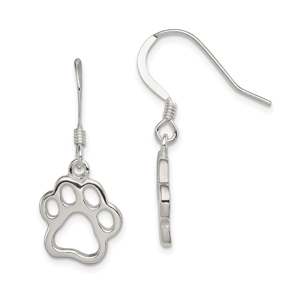 QE11945 Sterling Silver Polished Paw Print Shepherd Hook Earrings