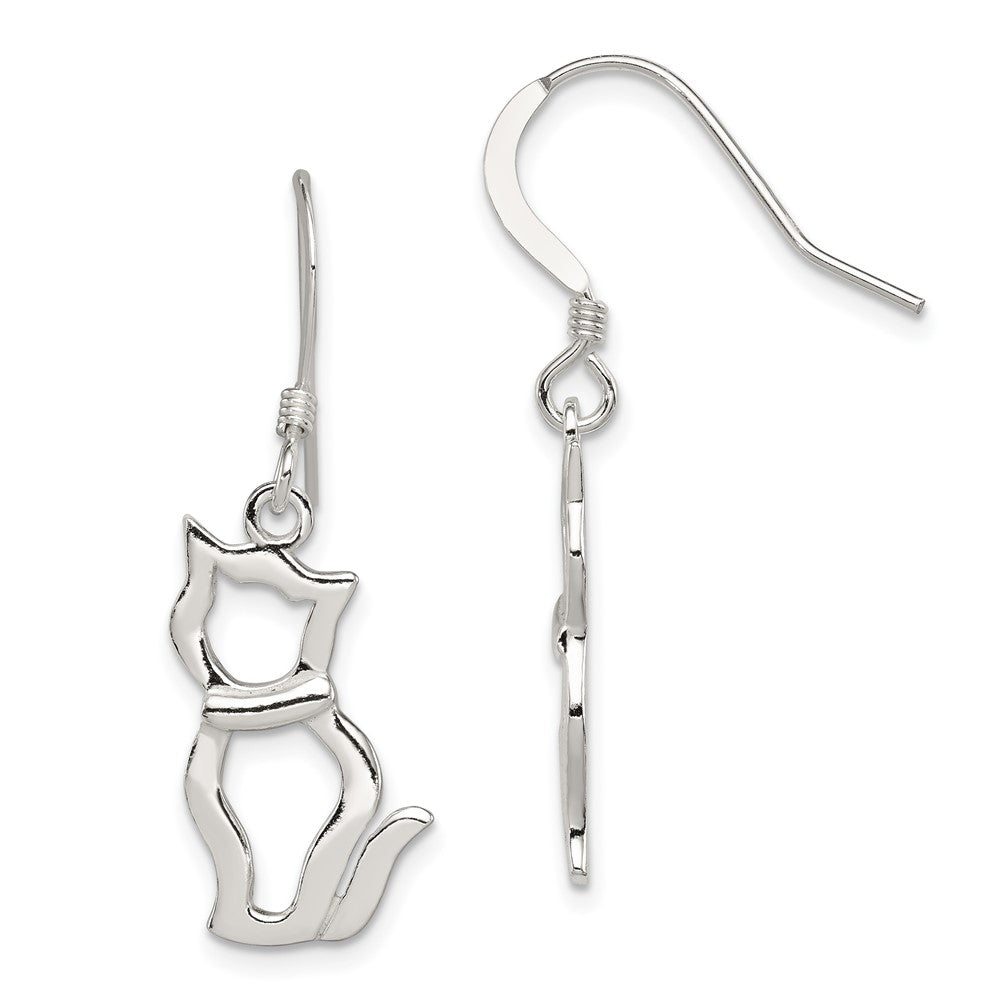 QE11947 Sterling Silver Polished Cat Shepherd Hook Earrings