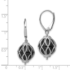 QE12020 Sterling Silver Rhod-plated Polished D/C Onyx Leverback Dangle Earrings