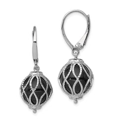 QE12020 Sterling Silver Rhod-plated Polished D/C Onyx Leverback Dangle Earrings