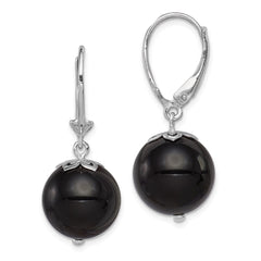 QE12021 Sterling Silver Rhodium-plated Polished Onyx Leverback Dangle Earrings