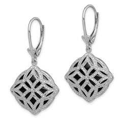 QE12022 Sterling Silver Rhodium-plated D/C Onyx Leverback Dangle Earrings