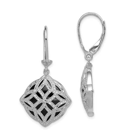 QE12022 Sterling Silver Rhodium-plated D/C Onyx Leverback Dangle Earrings