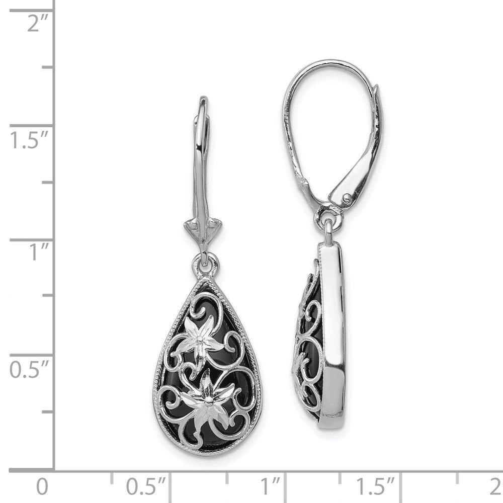 QE12023 Sterling Silver RH-plated D/C Onyx Floral Teardrop Leverback Earrings
