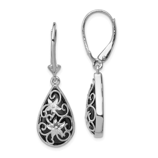 QE12023 Sterling Silver RH-plated D/C Onyx Floral Teardrop Leverback Earrings