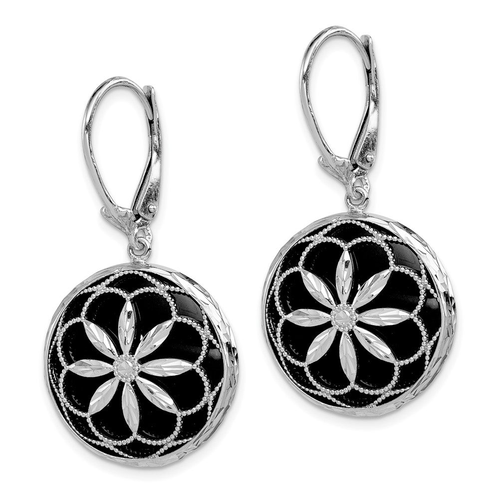 QE12024 Sterling Silver Rhodium-plated Beaded Filigree Diamond Cut Starburst Pattern Onyx Dangle Leverback Earrings