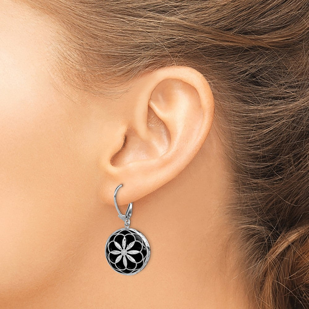 QE12024 Sterling Silver Rhodium-plated Beaded Filigree Diamond Cut Starburst Pattern Onyx Dangle Leverback Earrings