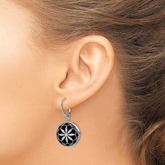QE12024 Sterling Silver Rhodium-plated Beaded Filigree Diamond Cut Starburst Pattern Onyx Dangle Leverback Earrings