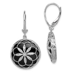 QE12024 Sterling Silver Rhodium-plated Beaded Filigree Diamond Cut Starburst Pattern Onyx Dangle Leverback Earrings