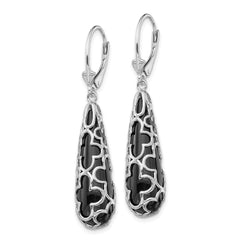QE12025 Sterling Silver RH-pltd Polished Onyx Teardrop Leverback Dangle Earrings