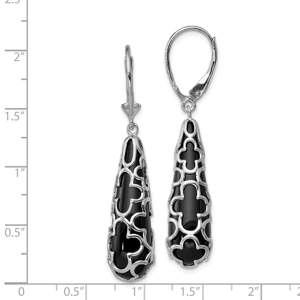 QE12025 Sterling Silver RH-pltd Polished Onyx Teardrop Leverback Dangle Earrings