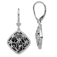 QE12026 Sterling Silver Rhodium-plated Filigree Floral Diamond Cut Diamond Shape Onyx Dangle Leverback Earrings