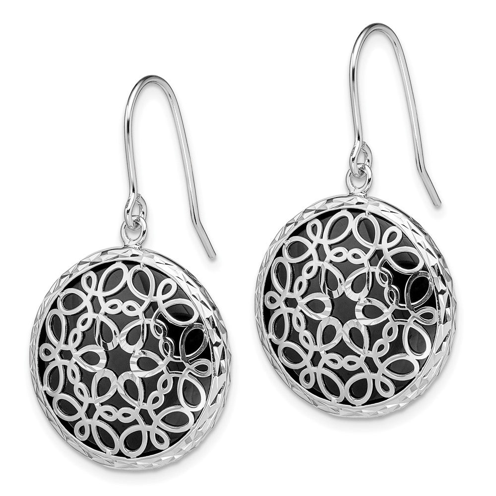 QE12027 Sterling Silver Rhodium-plated Polished D/C Onyx Circle Dangle Earrings