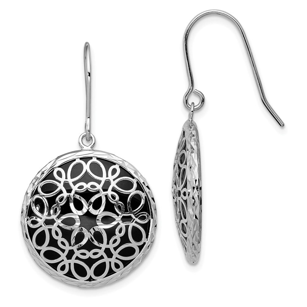 QE12027 Sterling Silver Rhodium-plated Polished D/C Onyx Circle Dangle Earrings