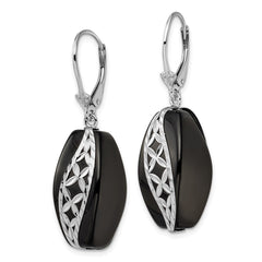 QE12029 Sterling Silver Rhod-plated Polished & D/C Onyx Leverback Dangle Earrings