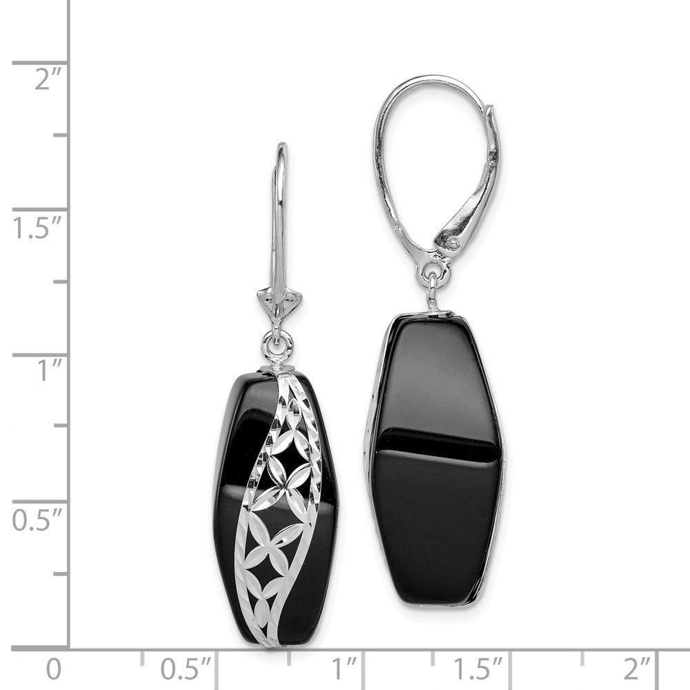 QE12029 Sterling Silver Rhod-plated Polished & D/C Onyx Leverback Dangle Earrings