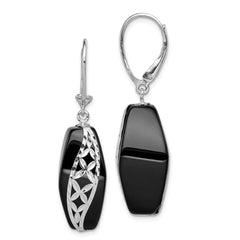 QE12029 Sterling Silver Rhod-plated Polished & D/C Onyx Leverback Dangle Earrings