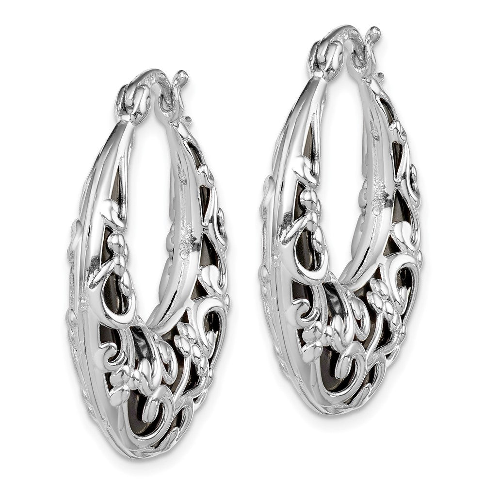 QE12030 Sterling Silver Rhodium-plated Polished Onyx Filigree Round Hoop Earrings