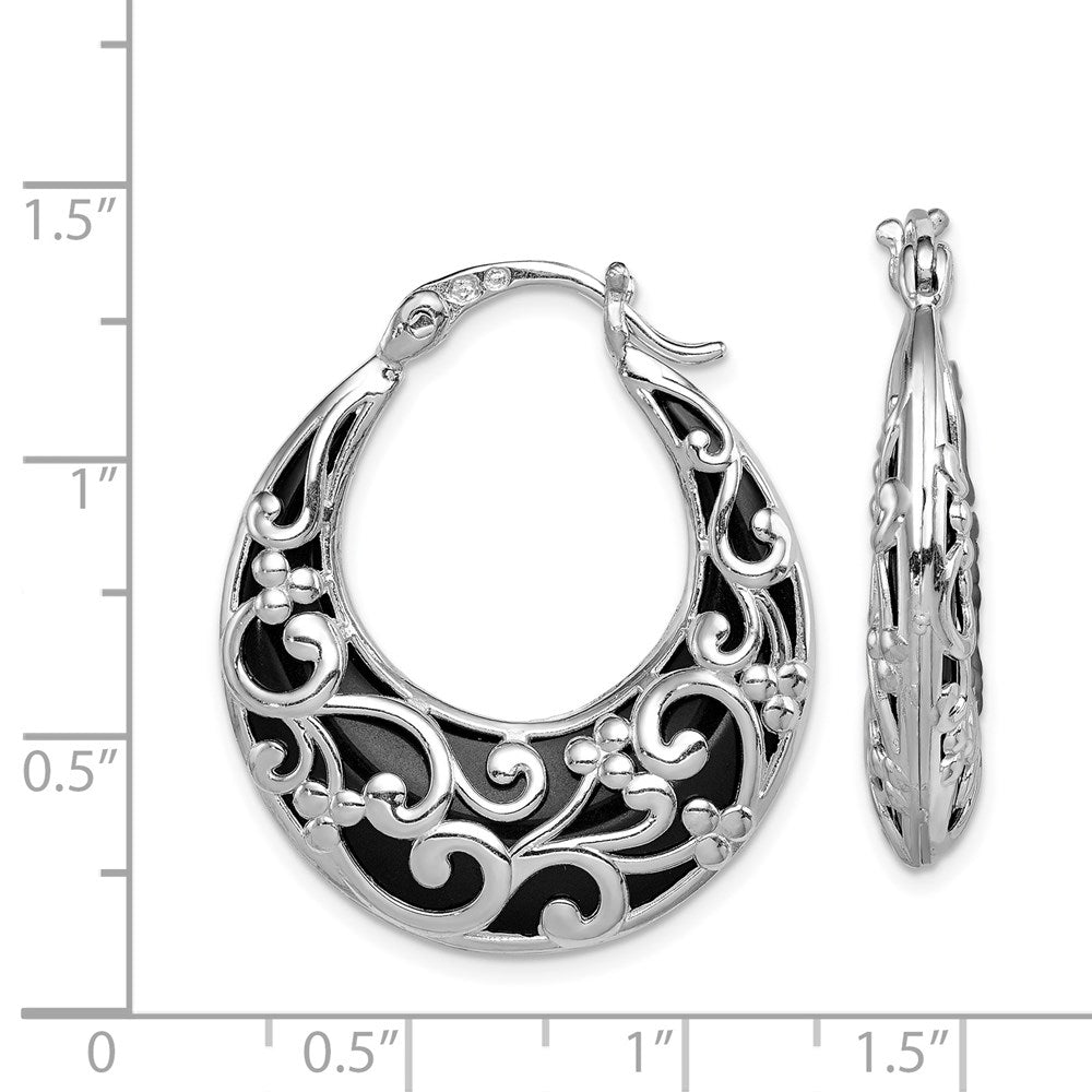 QE12030 Sterling Silver Rhodium-plated Polished Onyx Filigree Round Hoop Earrings