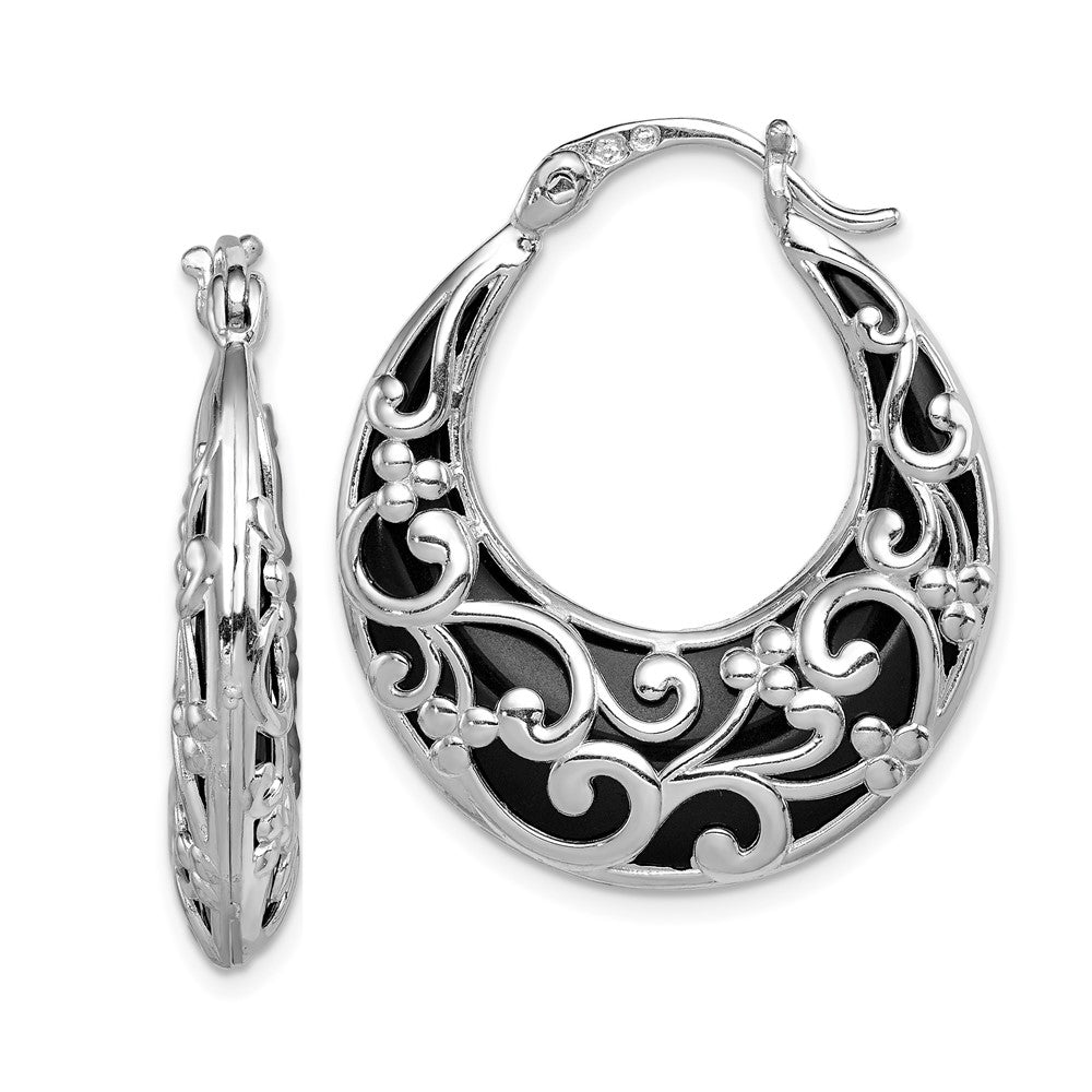 QE12030 Sterling Silver Rhodium-plated Polished Onyx Filigree Round Hoop Earrings