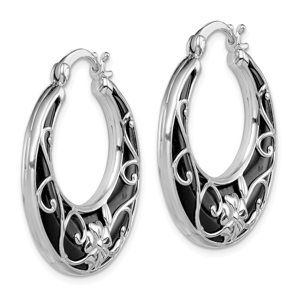 QE12031 Sterling Silver Rhodium-plated Polished Onyx Floral Round Hoop Earrings