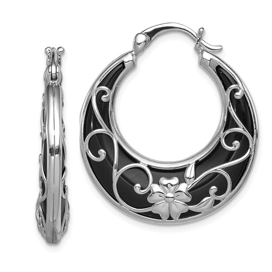 QE12031 Sterling Silver Rhodium-plated Polished Onyx Floral Round Hoop Earrings