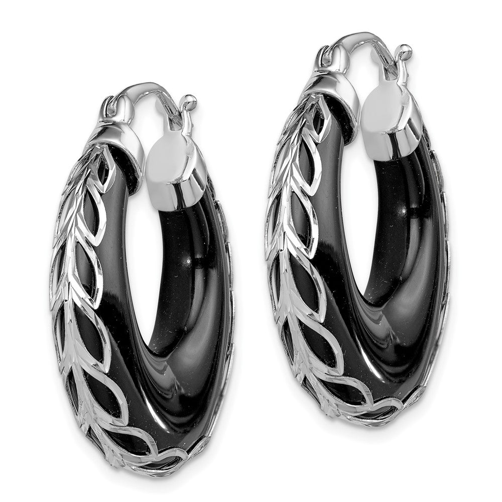QE12032 Sterling Silver Rhodium-plated Polished & D/C Onyx Round Hoop Earrings