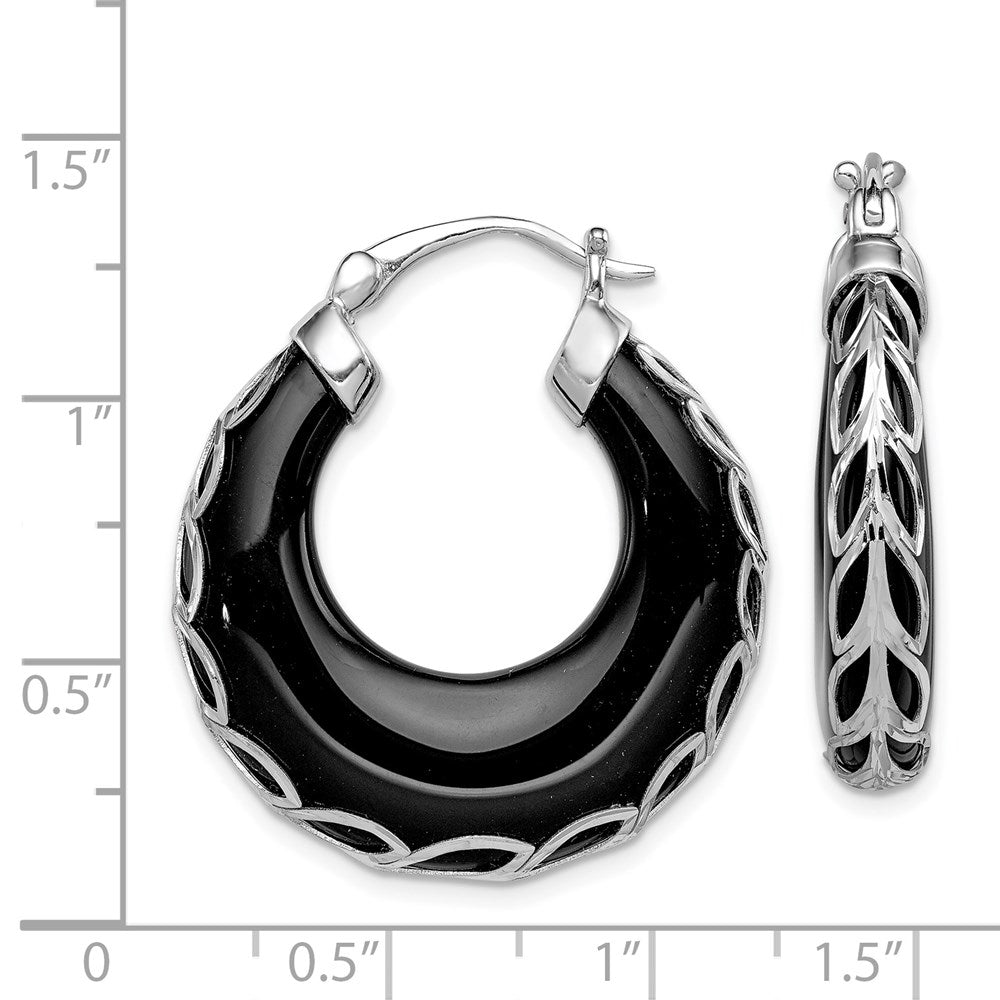 QE12032 Sterling Silver Rhodium-plated Polished & D/C Onyx Round Hoop Earrings