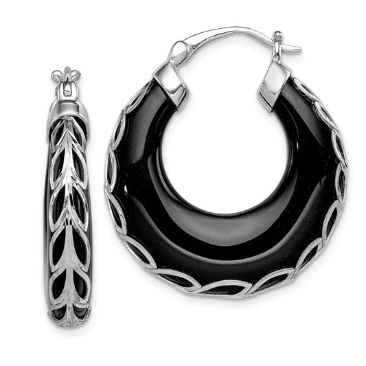 QE12032 Sterling Silver Rhodium-plated Polished & D/C Onyx Round Hoop Earrings