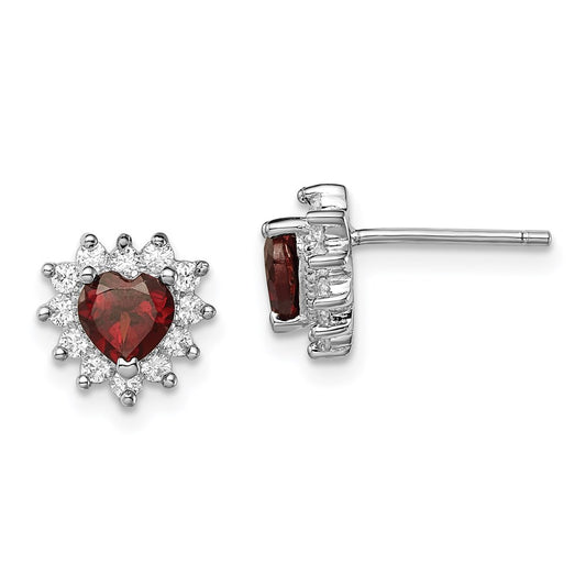 QE1204 Sterling Silver Rhodium-plated Garnet and CZ Heart Earrings