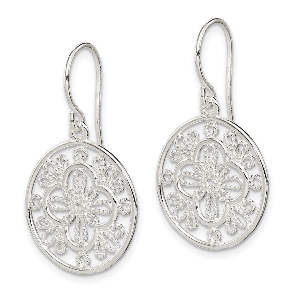 QE12095 Sterling Silver Polished & Textured Filigree Circle Dangle Earrings