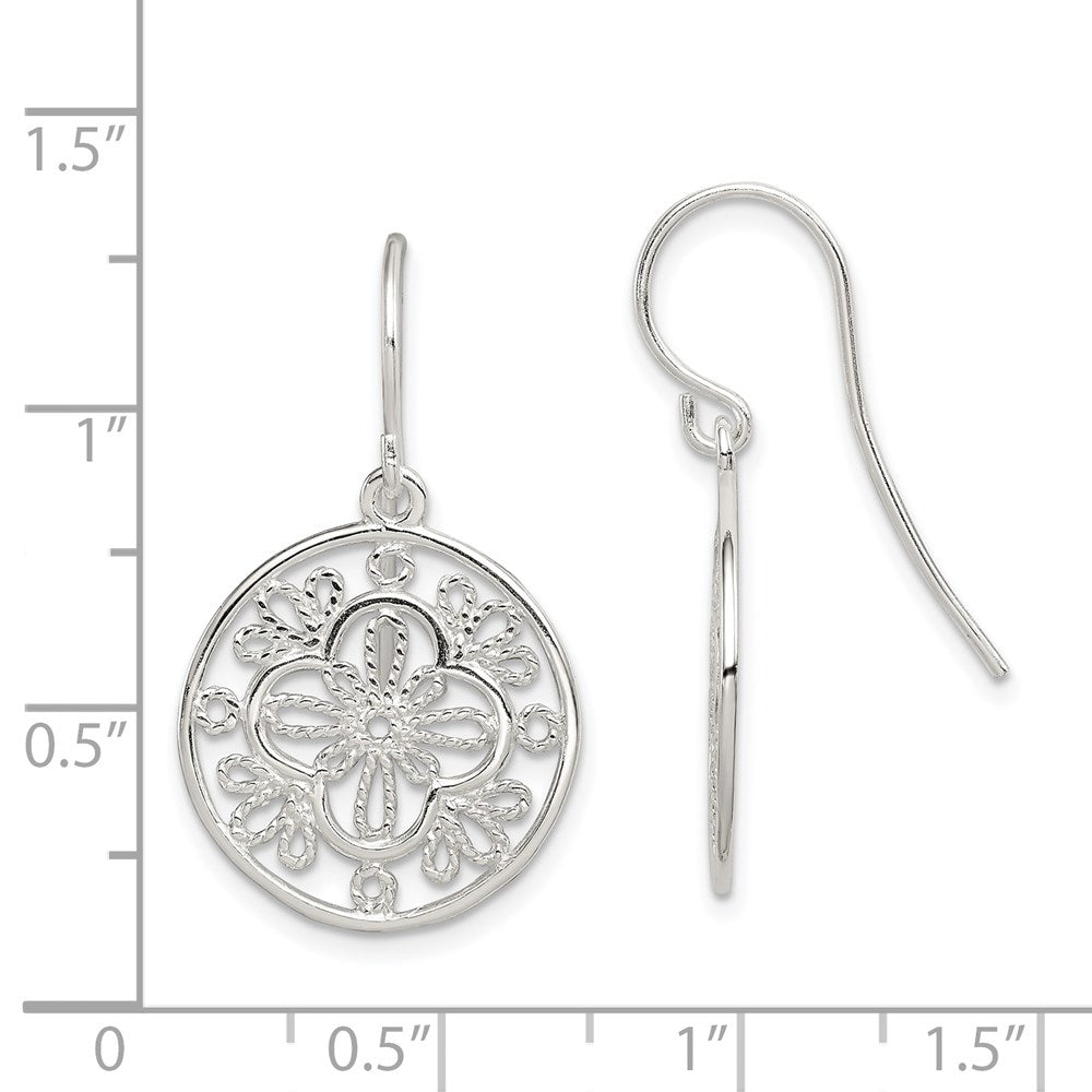 QE12095 Sterling Silver Polished & Textured Filigree Circle Dangle Earrings